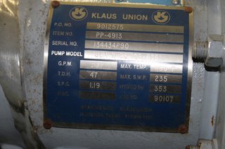 image for: Klaus Union Sealless Magnetive Drive Pump 316 SS 1x1.5 3Hp Mod 010, 50 gpm